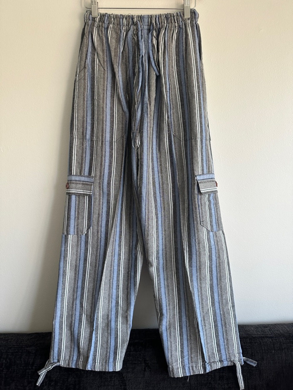 Peru/Ecuador Handmade Cotton Boho Striped Blue Gray Pants Unisex Joggers Size XL